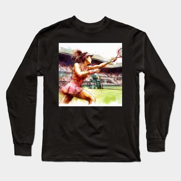 Artistic illustration of a woman playing tennis left handed Long Sleeve T-Shirt by WelshDesigns